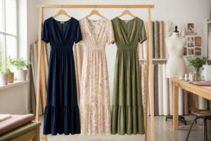Vestidos longos elegantes em cores variadas pendurados em arara de madeira em atelier claro