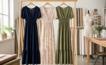 Vestidos longos elegantes em cores variadas pendurados em arara de madeira em atelier claro