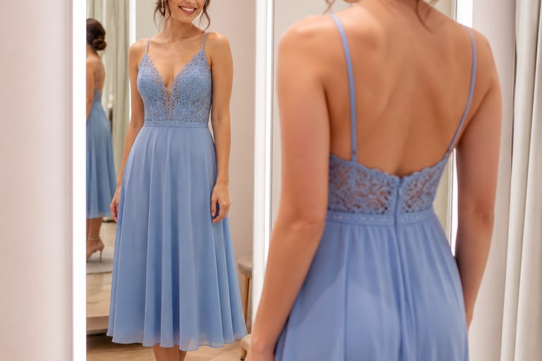 Mulher sorrindo em um provador iluminado, usando vestido midi azul serenity com caimento leve e detalhes em renda, refletida em espelhos ao fundo.