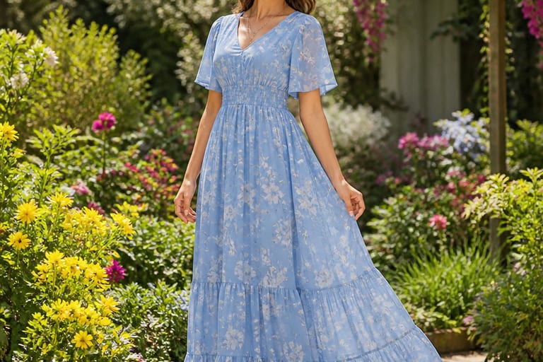 Mulher em pé usando vestido longo azul serenity com estampa floral discreta, em um jardim bem iluminado, cercada por flores coloridas.