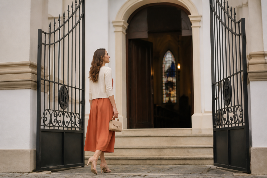 Mulher com vestido midi discreto e elegante caminhando em direcao a igreja classica iluminada