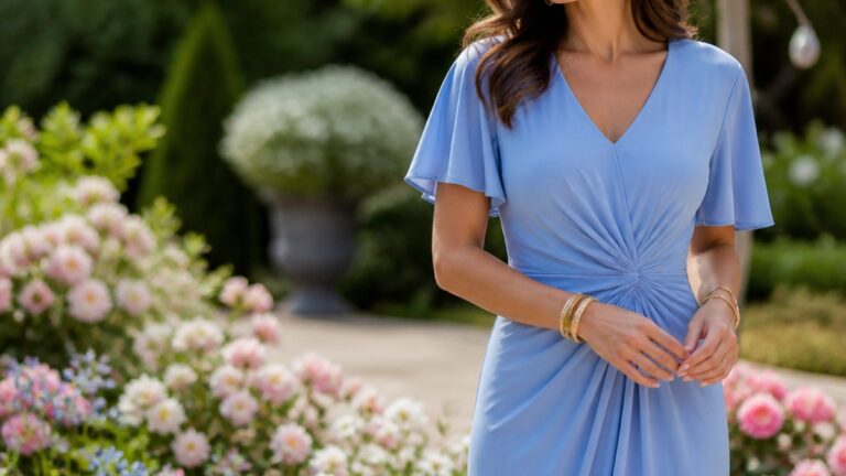 Uma mulher elegante usa um vestido azul serenity com acessórios dourados em um jardim florido.
