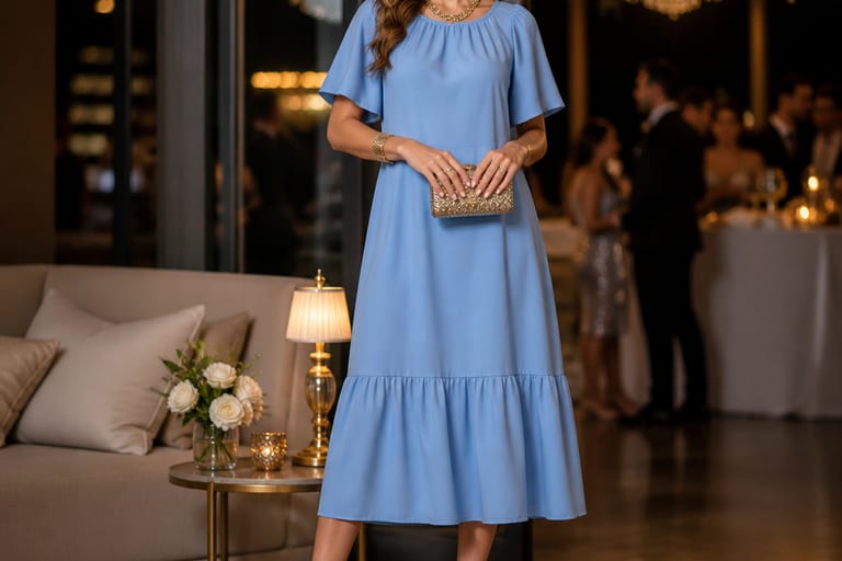 Mulher em festa noturna usando vestido azul serenity e acessórios dourados.