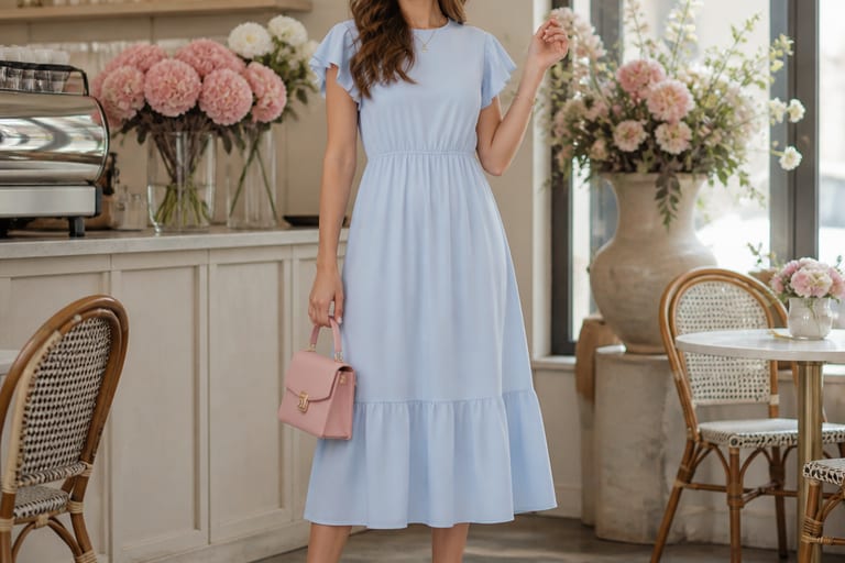 Mulher usando vestido azul bebê com acessórios em tons pastel em um café iluminado, com flores ao fundo.