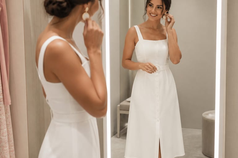 Mulher experimentando acessórios em um provador iluminado, vestindo um vestido branco midi.
