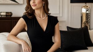 Uma mulher elegante usa um vestido preto com colar de pérolas e brincos em uma sala de estar moderna.