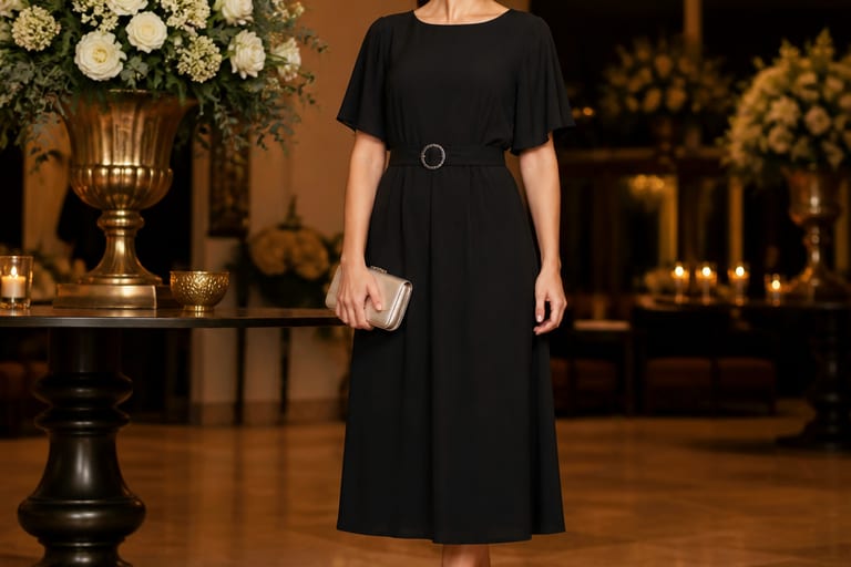 Mulher em festa usando vestido preto, cinto, sapatos de salto e acessórios elegantes.