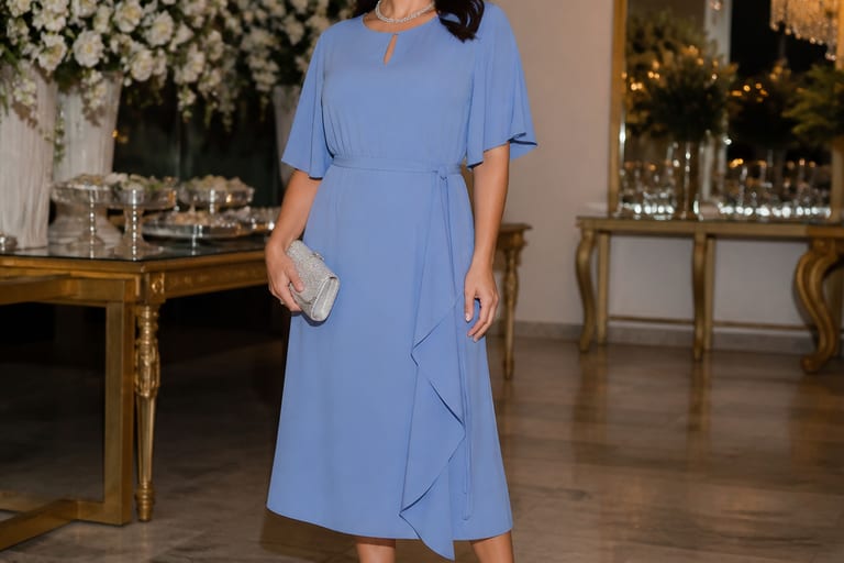 Mulher em festa usando vestido azul serenity com acessórios prata, incluindo colar e brincos grandes, segurando uma clutch prata.