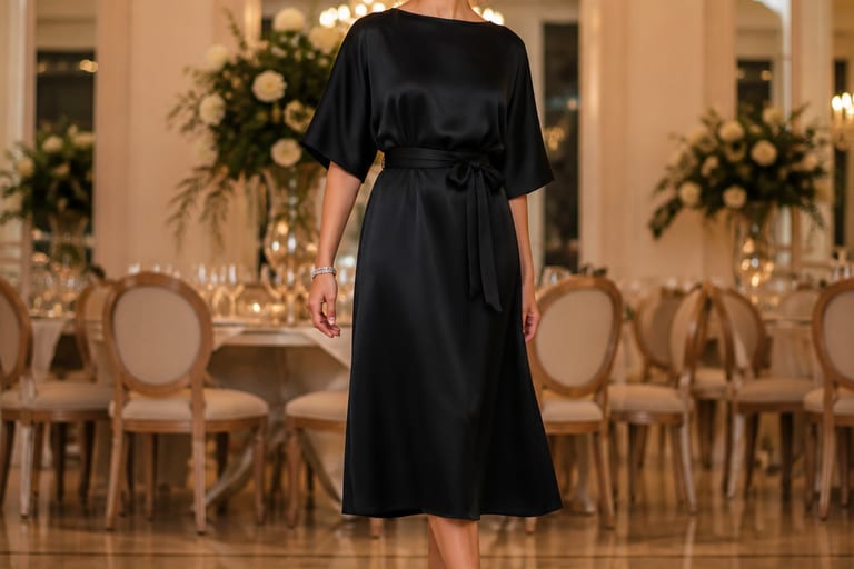 Mulher em vestido preto de seda com acessórios prata em um salão de festas bem iluminado.