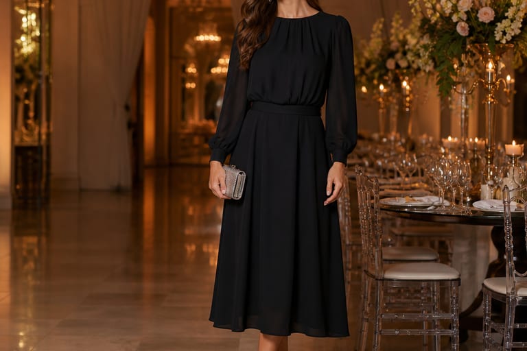 Uma mulher usa um vestido preto longo em um salão de festas elegante, com brincos e clutch prateados.