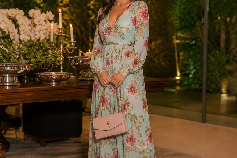Uma mulher usa um vestido longo floral e segura uma bolsa de ombro em um ambiente festivo bem iluminado.