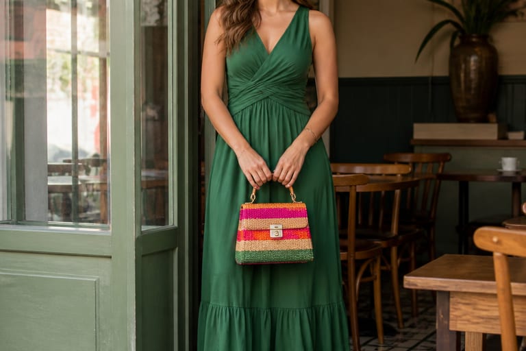 Uma mulher está em um café usando um vestido longo verde e segurando uma bolsa de mão colorida.