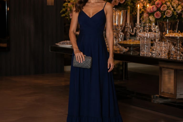 Mulher em festa usando vestido longo e bolsa de mão estilosa.