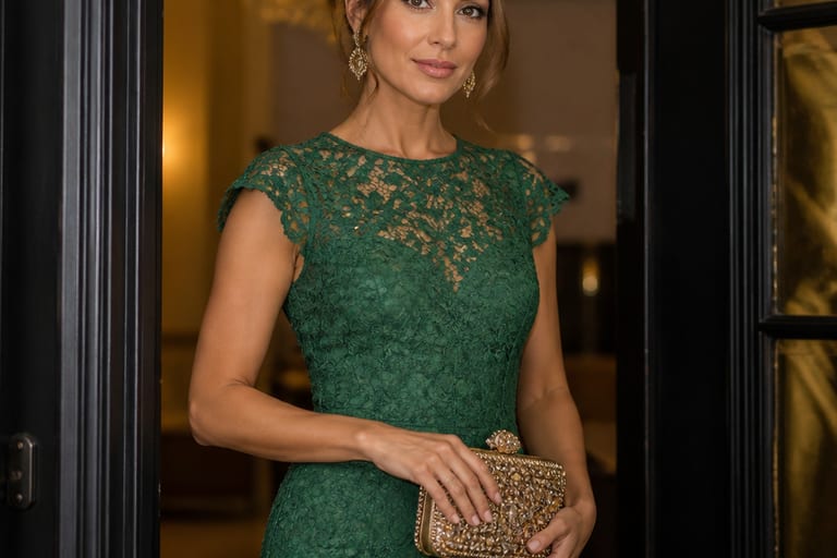 Uma mulher elegante usa um vestido de renda verde e segura uma bolsa de mão dourada em um ambiente sofisticado.