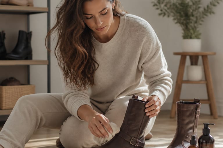 Uma pessoa limpa suas botas com produtos de limpeza e um pano em um ambiente organizado e iluminado.