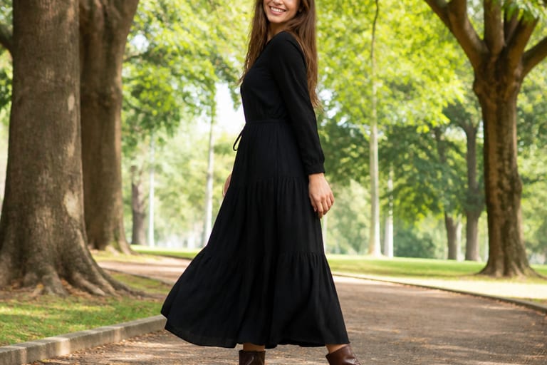 Mulher sorridente usando vestido preto longo e bota de couro marrom em um parque durante o dia.