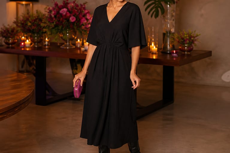 Uma mulher está usando um vestido preto com bota de salto e acessórios coloridos em um ambiente de festa, com luz suave.
