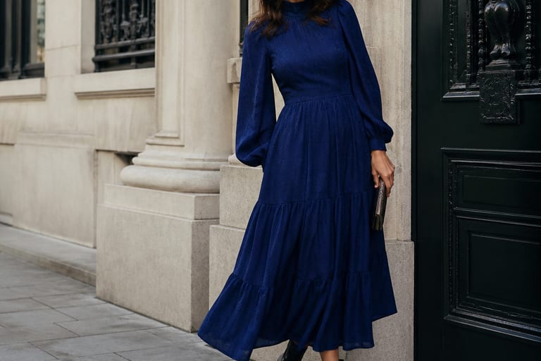 Uma mulher usa um vestido longo azul e botinhas de couro em um ambiente urbano.