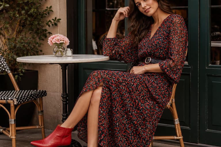 Uma mulher usa um vestido longo estampado e botinhas vermelhas em um café ao ar livre.
