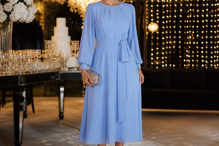 Mulher usando vestido azul serenity com brincos grandes em ambiente festivo.