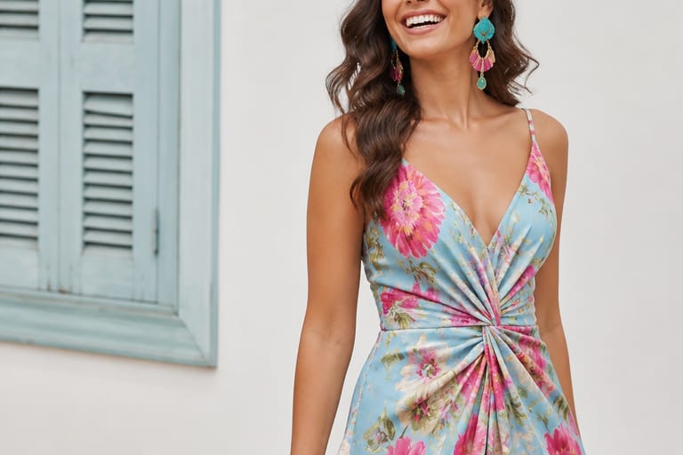 Mulher usando vestido de festa estampado e brincos coloridos em ambiente externo.
