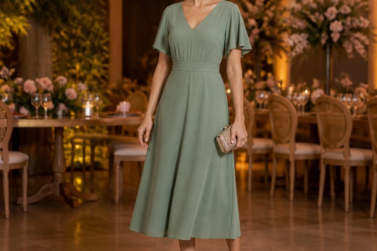 Mulher em vestido de festa com brincos de pérola em ambiente de recepção.