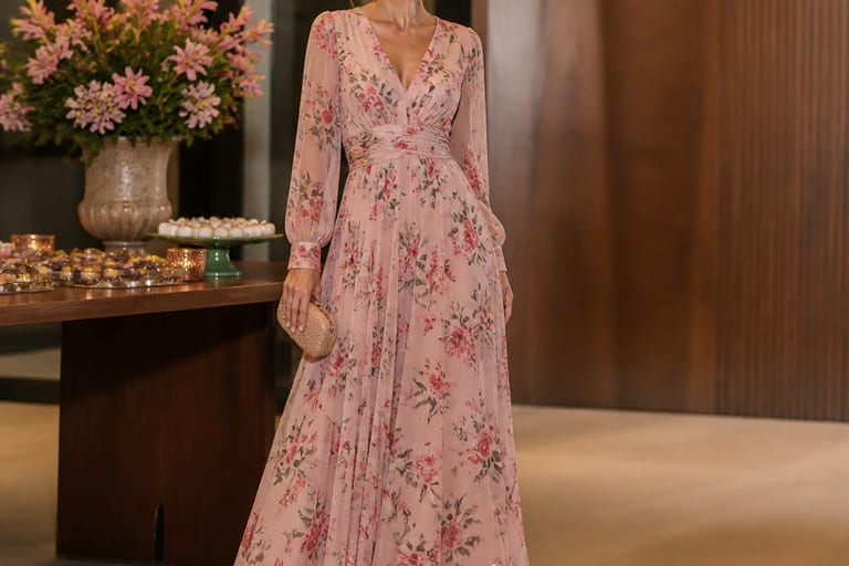Uma mulher usa um vestido longo floral em uma festa, com luz suave e decoração elegante ao fundo.
