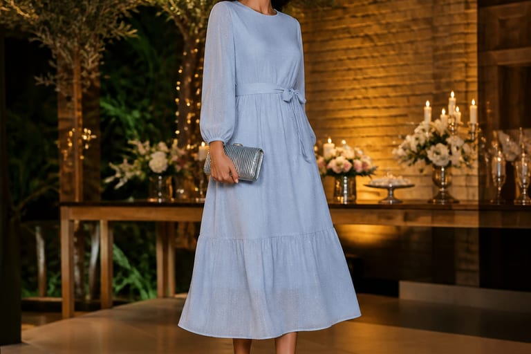Uma mulher usa um vestido longo elegante em uma festa, com acessórios sofisticados e uma decoração de ambiente festivo ao fundo.