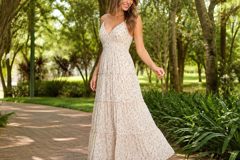 Uma mulher usa um vestido longo casual em um parque, destacando o calçado escolhido.