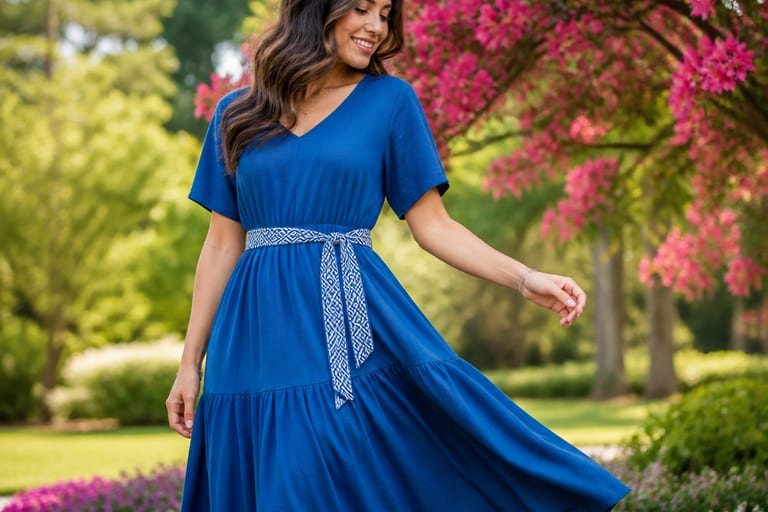 Mulher em vestido azul com cinto estampado em jardim florido.