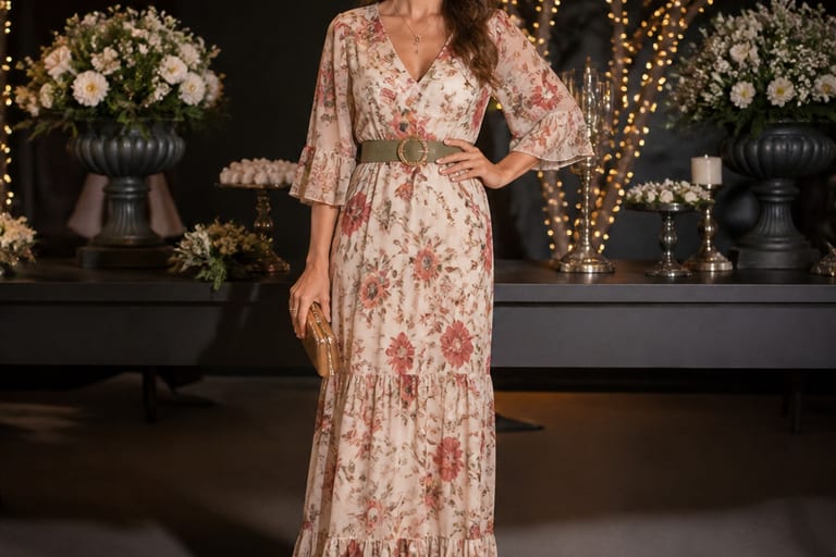 Modelo usando vestido longo estampado com cinto em ambiente de festa, decorado e iluminado suavemente.