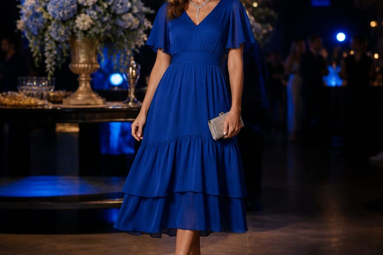Uma mulher em um vestido de festa azul, usando um colar brilhante em um ambiente de festa noturna.