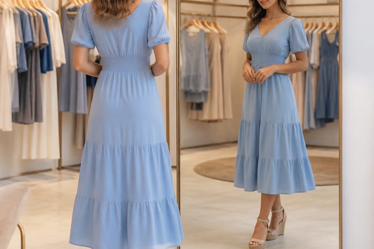 Mulher em boutique usando vestido midi azul serenity e anabela de salto, olhando para o espelho.