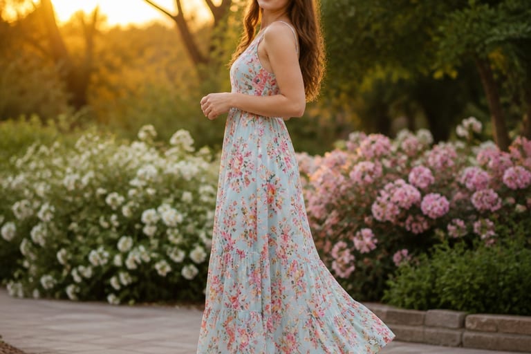 Mulher em vestido longo estampado e anabela em jardim ao pôr do sol.