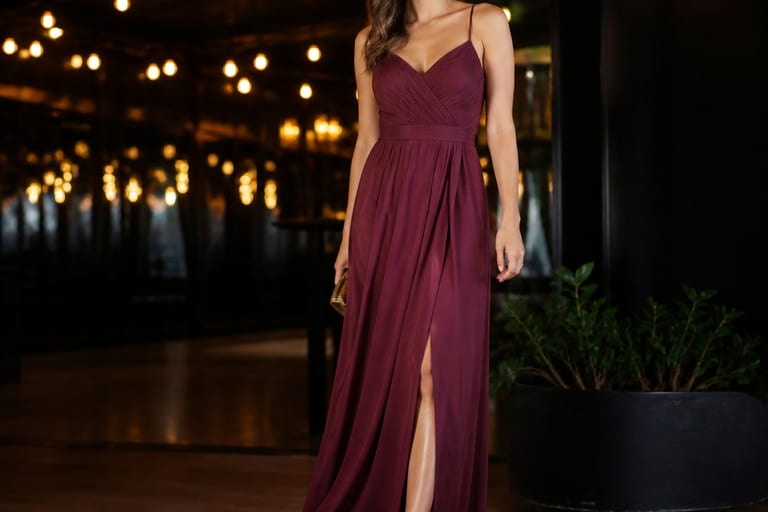 Uma mulher usa um vestido longo de festa e anabela em um ambiente festivo à noite, com luzes suaves ao fundo.