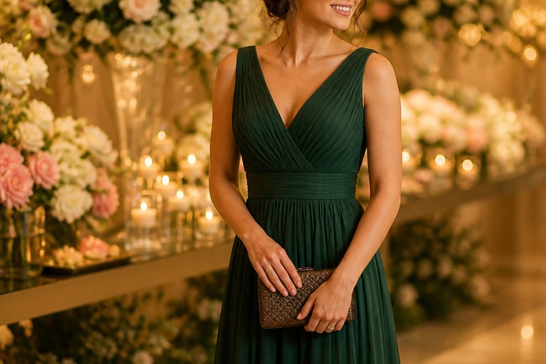 Mulher em vestido de festa segurando bolsa elegante em ambiente de casamento, com flores decorativas ao fundo.