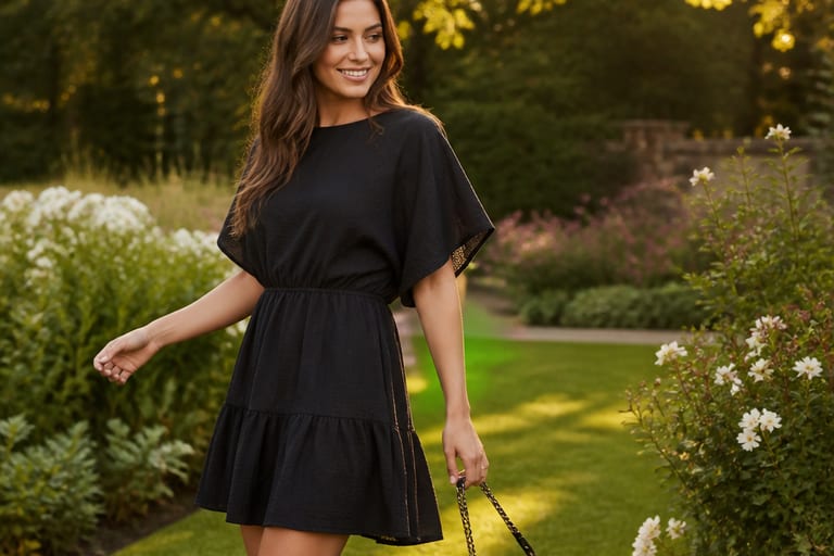 Mulher em vestido preto curto em um jardim, segurando uma bolsa estampada.