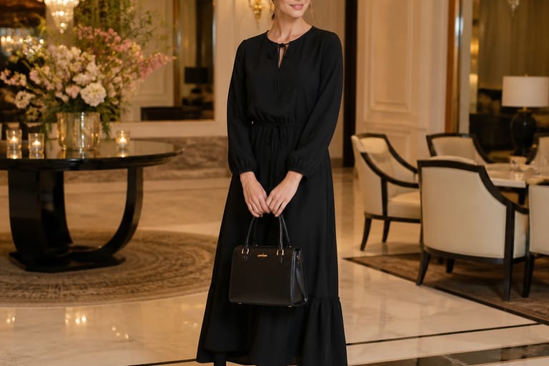 Uma mulher em um salão de festas, usando um vestido preto longo e segurando uma bolsa de couro estruturada, posando de forma elegante sob iluminação sofisticada.