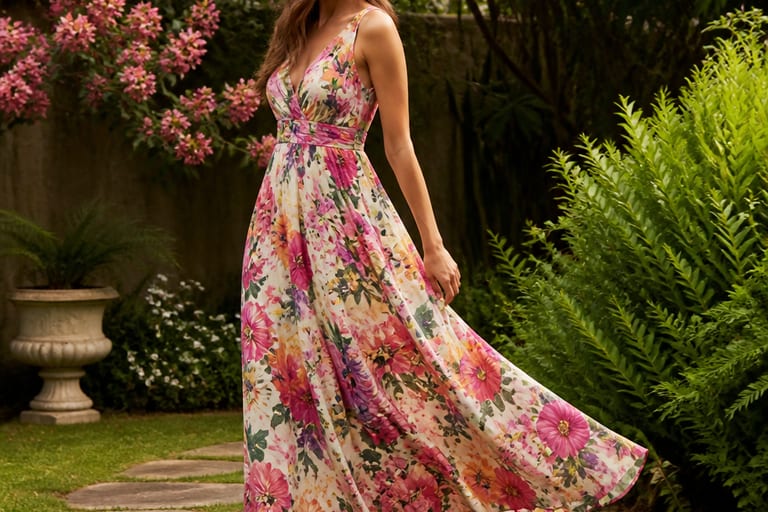 Uma mulher usa um vestido de festa floral e sandálias coloridas em um jardim.