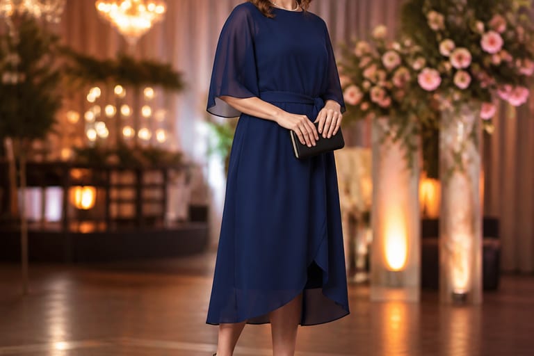 Mulher em vestido de festa azul e sandália de salto preta em ambiente festivo com luzes suaves.