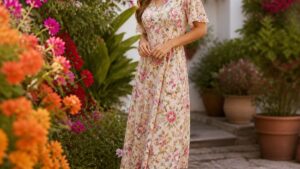 Mulher elegante em vestido midi floral e sapatilhas brancas, em ambiente externo iluminado, cercada por flores coloridas.