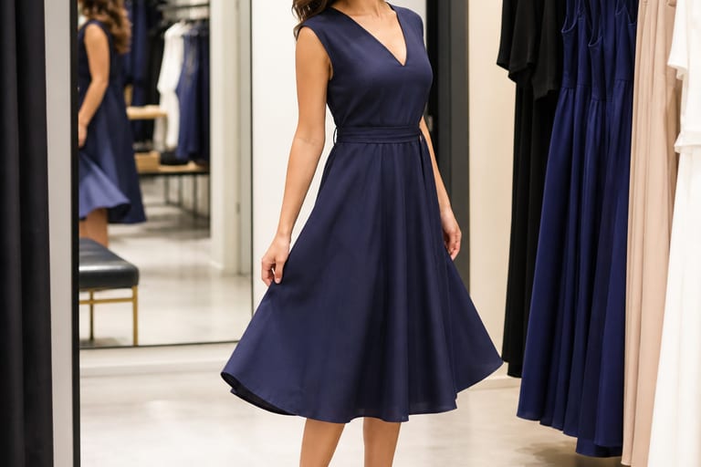 Mulher experimentando vestido midi azul com sapatilhas pretas em loja de roupas.