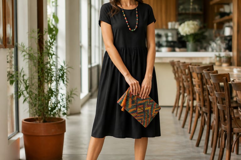 Uma mulher usa um vestido curto preto com acessórios coloridos em um café, posando de forma descontraída.
