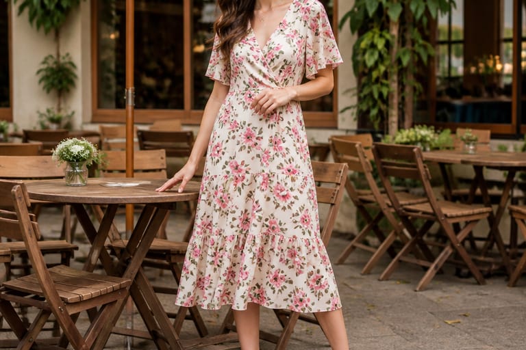 Mulher com vestido midi floral e sapato nude em café ao ar livre.