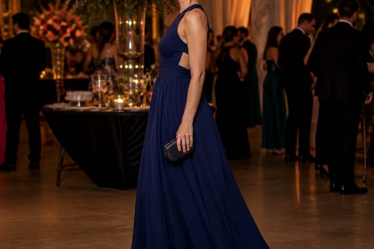 Uma mulher está vestindo um vestido longo azul marinho e sapatos fechados vermelhos, em um ambiente de festa com luzes suaves e decoração elegante.