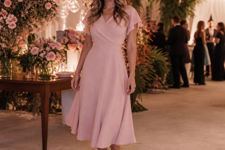 Uma mulher usa um vestido midi rosa e sapatos pretos em uma festa decorada com flores e luzes suaves.