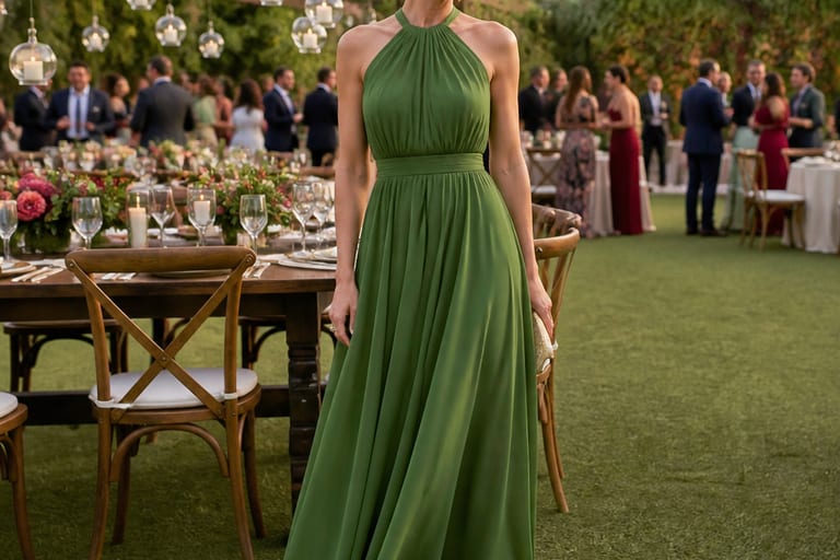 Vestido longo verde e sapato fechado dourado em casamento ao ar livre, com mesas decoradas e convidados ao fundo.