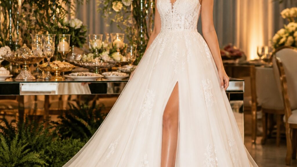 Uma mulher elegante em vestido de casamento branco, com sapatos de salto alto, em um ambiente festivo decorado com flores.