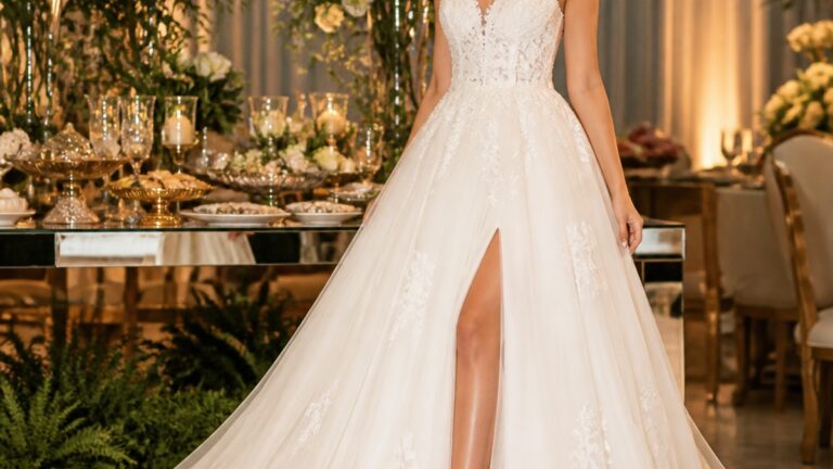 Uma mulher elegante em vestido de casamento branco, com sapatos de salto alto, em um ambiente festivo decorado com flores.