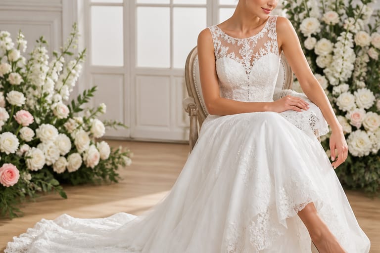 Vestido de casamento com renda e sapatos de cetim em um ambiente florido e iluminado.